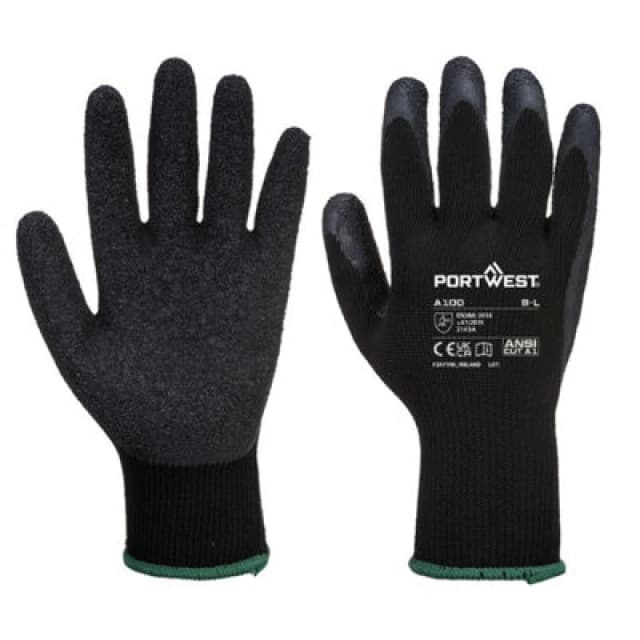 Portwest A100 Latex Grip Gloves in Black Size: XL Black Unisex XL