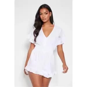 I Saw It First White Broderie Shirred Waist Frill Hem Playsuit - White