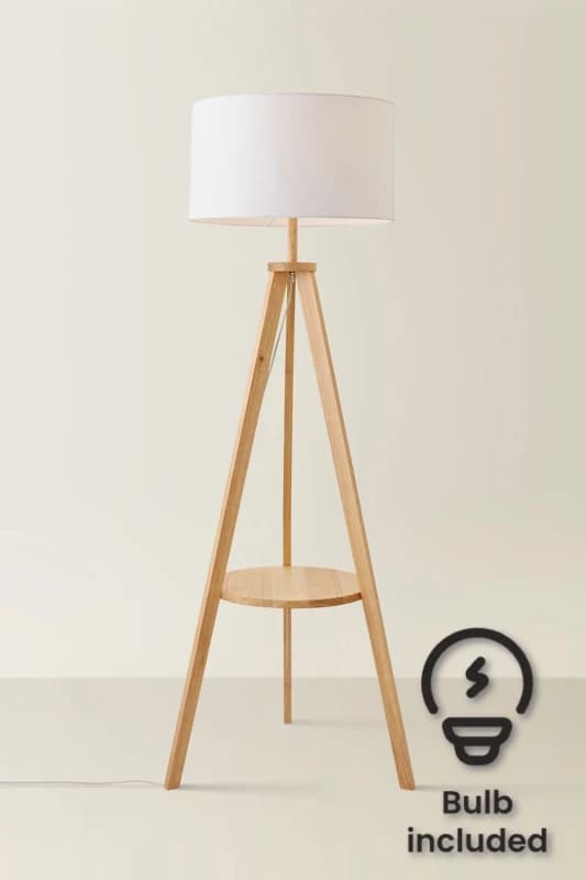 ValueLights Morrigan Light Wood Tripod Floor Lamp With Fabric Drum Lamp Shade and LED Bulb White