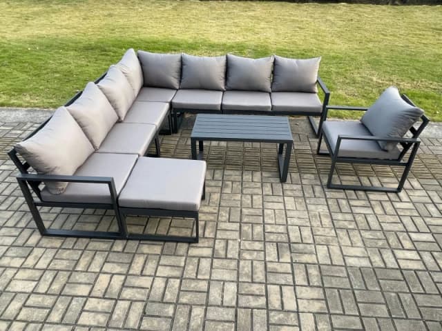 Fimous Aluminium Patio Outdoor Garden Furniture Lounge Corner Sofa Set with Oblong Coffee Table Big Footstool Chair Dark Grey Dark Grey Unisex