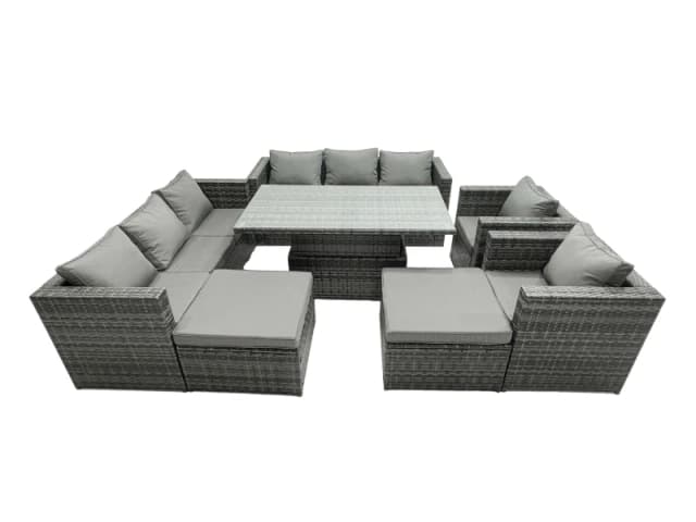 Fimous Rattan Dining Table Sofa Set with 2Stools Outdoor 10 Seat in Dark Grey Dark Grey Unisex