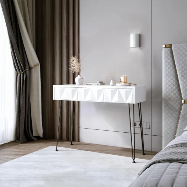 CARME HOME Claudia White 3 Drawers Dressing Table with Black hairpin legs White Unisex