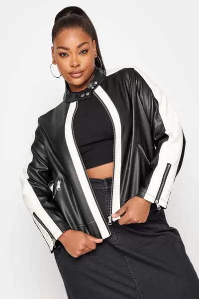 Faux Leather Contrast Stripe Biker Jacket