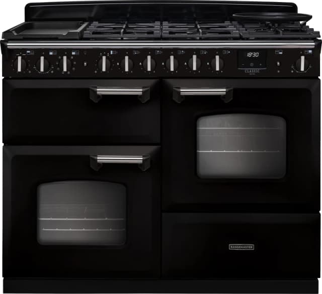 Rangemaster Classic Deluxe 110 CLDLO110DFPGBL/CM1 110cm wide Dual Fuel Range Cooker with Gas Hob - Black / Chrome - A Rated
