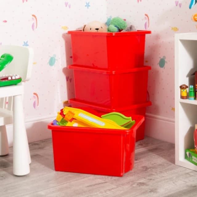 Wham Stack & Store 4X 35L Plastic Storage Boxes. Ideal For Toys, Classrooms & Playrooms. Integrated Handles. Red