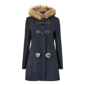 Yumi Navy Duffle Coat With Fur Trim Hood - Blue