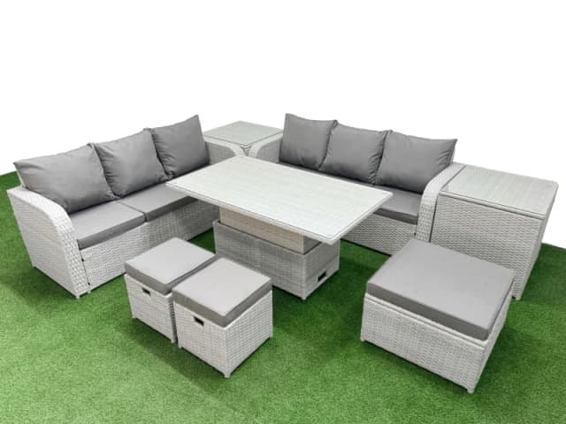Fimous Outdoor Garden Furniture Sets 9 Seater Wicker Rattan Furniture Sofa Sets with 3 Stools 2 Side Table Light Grey