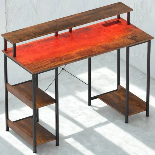 FURNOS Industrial 120CM Computer Desk With USB Outlets, LED Lights in Brown Brown Unisex