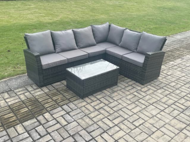 Fimous Wicker PE Outdoor Garden Furniture Set High Back Rattan Corner Sofa Set with Rectangular Coffee Table in Dark Grey Dark Grey Unisex