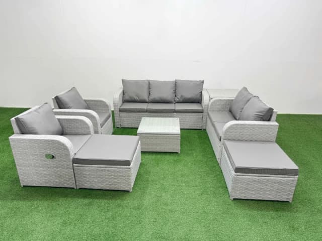Fimous PE Rattan Garden Furniture Set Adjustable Chair Sofa Double Love Seat 2 Seater Sofa Lounge Set Square Coffee Table 2 Big Footstool Side Table L