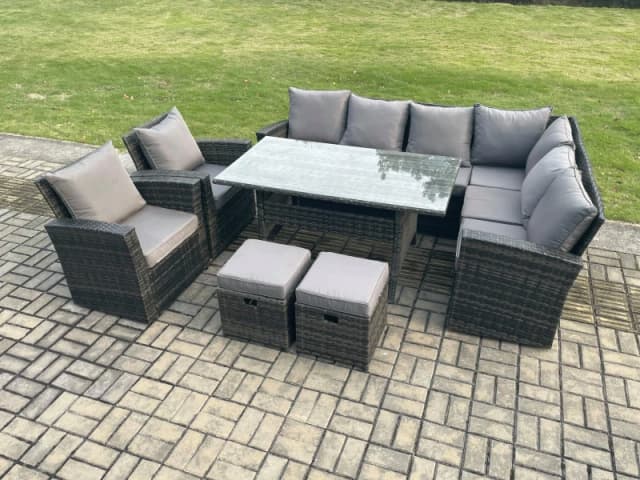 Fimous 10 Seater Garden Rattan Furniture Corner Sofa Dining Table Chairs with 2 Small Footstools Indoor Outdoor Lounge Sofa Set in Dark Grey Dark Grey