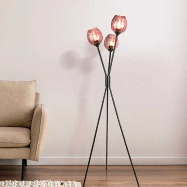 Lighting Collection Triple Pink Ribbed Glass Cluster Pendant With Staggered Hanging Design