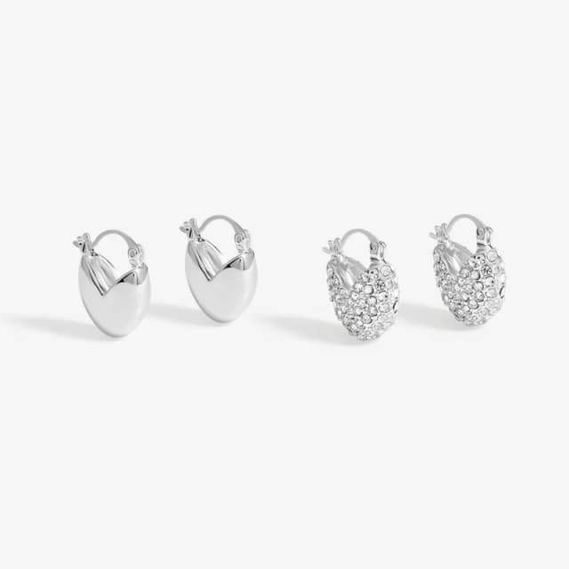 Mood Silver Crystal Puffed Heart Huggie Hoop Earrings - Pack Of 2 Silver