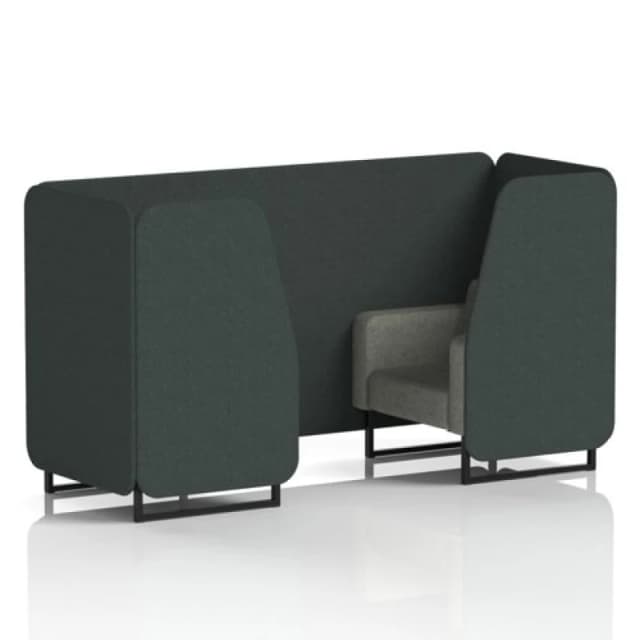 Brixworth 2 Seater Office Booth with Front Panel - Black Legs in Rivet Fabric - Charcoal Panels and Vitreous Sofa