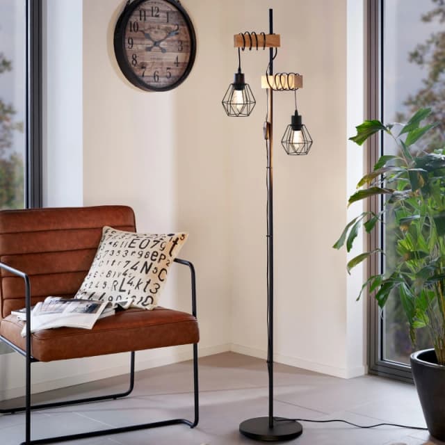 EGLO Townshend 5 Black/Natural Metal & Wood 2-Light Floor Lamp - Industrial Style (D) 25cm Black