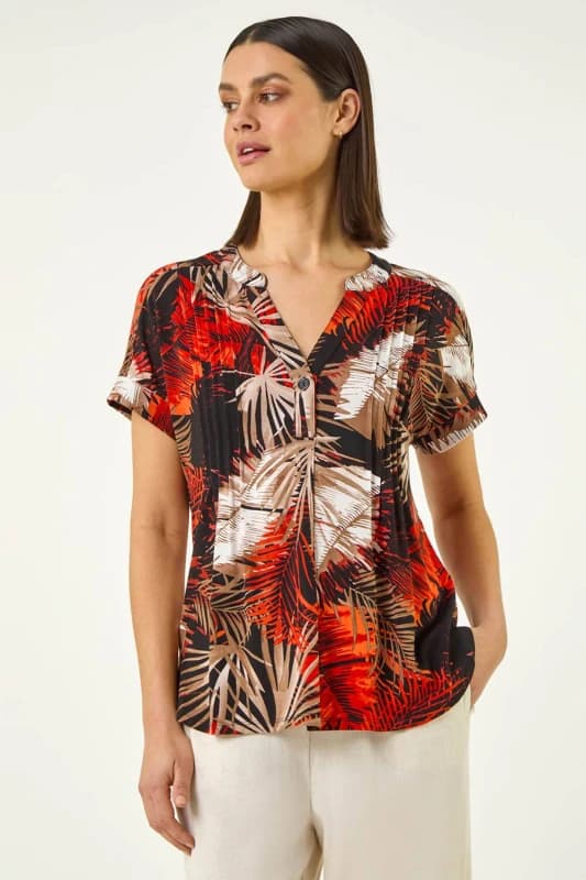 Roman Womens Leaf Print Pintuck Stretch Top in Orange Size: 14 Orange Female 14