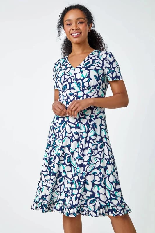Roman Womens Petite Floral Frill Hem Stretch Dress in Navy Size: 12 Navy Female 12
