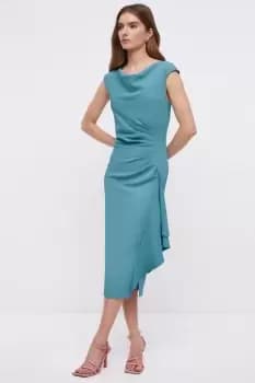 Pencil Dress With Tucked Waist & Ruffle