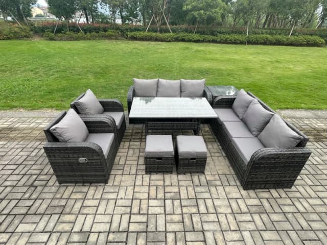 Fimous Outdoor Garden Patio Furniture Wicker Rattan Oblong Rectangular Dining Table & Lounge Sofa set with Side Table 2 Small Footstool in Dark Grey D