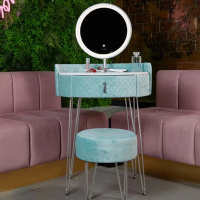 CARME HOME French Riviera Baby Blue Velvet Dressing Table with LED Touch Sensor Mirror Baby Blue