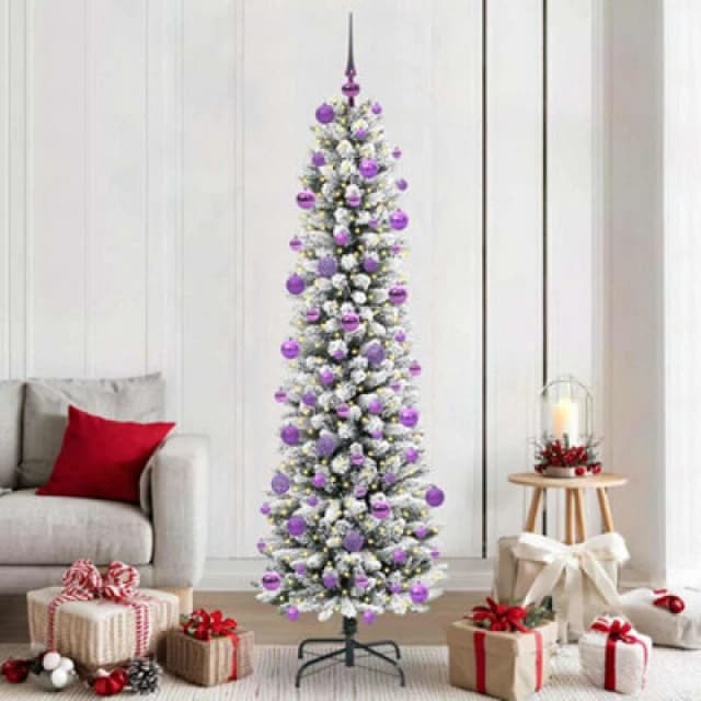 vidaXL Artificial Christmas Tree with 300 LEDs, Lilac Balls Green and white 210 cm, Green 3396123