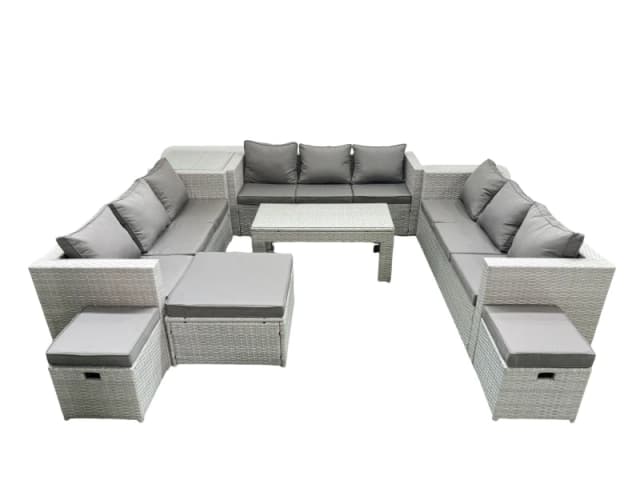 Fimous Rattan Garden Outdoor Furniture Set 12 Seater Garden Sofa Oblong Coffee Table Set with 3 Footstools Side Table Light Grey Mixed Light Grey