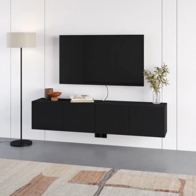 Decortie Daroca Floating Wall-Mounted TV Unit Up To 65-Inch Tvs 180Cm(W) Soft-Close 4 Doors TV Cabinet For Living Room, Black Wood