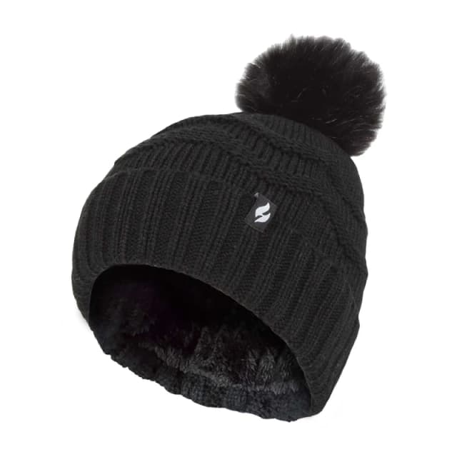 Sock Snob Ladies Zig Zag Turnover Thermal Pom Pom Hat for Winter - One Size / Black