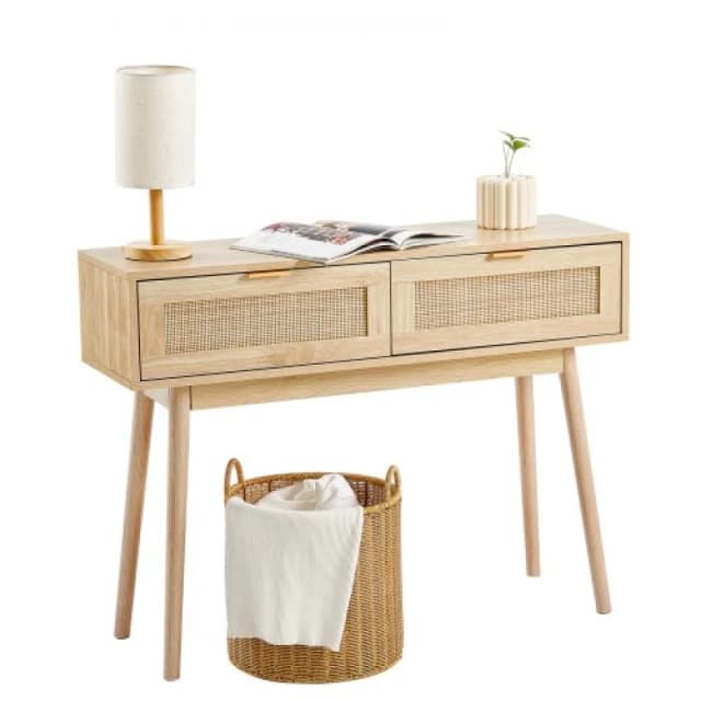 VEVOR Vevor - Rattan Console Table with 2 Storage Drawers, Rattan Entryway Table with Natural Rattan Sliding Door, Console Sofa Table for Living Room,