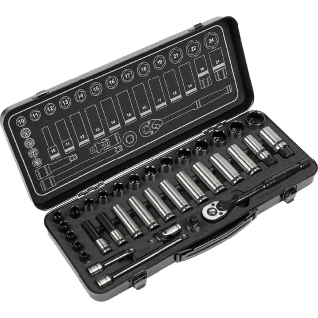 Loops 34pc BLACK SERIES Deep Socket & Ratchet Handle Set -3/8" Sq Drive 6 Point Metric Black