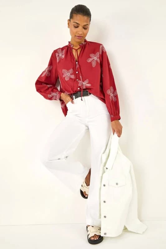 Roman Womens Floral Embroidered Blouse in Red Size: 14 Red Female 14