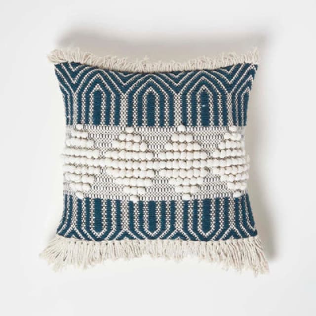 Homescapes Safi Handwoven Fringed Navy & Cream Kilim Cushion 45 X 45 Cm