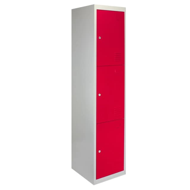 MonsterShop Metal Storage Lockers - Three Doors, Flatpacked, Red