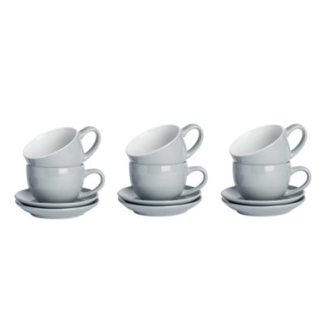 Argon Tableware 12Pc Coloured Cappuccino Cup & Saucer Set - 250ml - Grey - Durable Stoneware Coffee Tea Cup Dishwasher