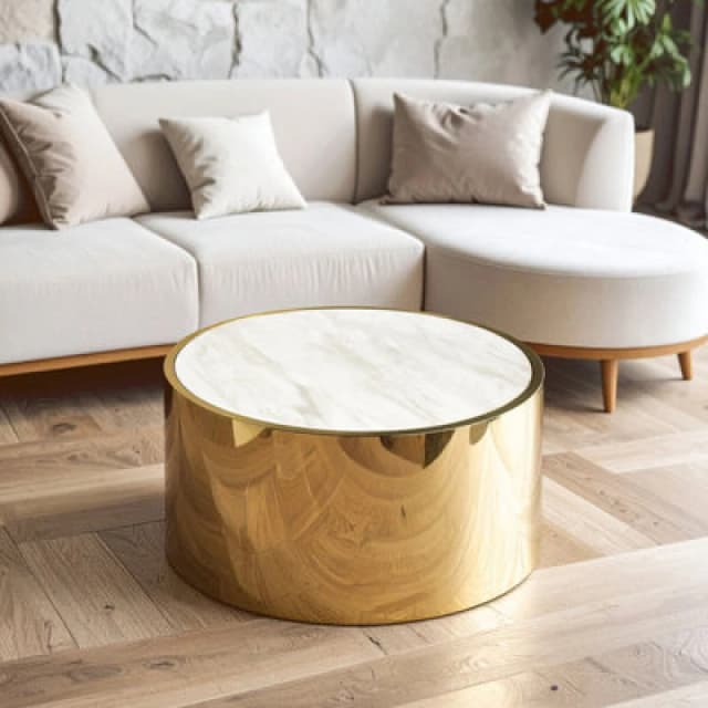 Premier Housewares Luxury Round White Coffee Table, Marble Coffee Table, White & Gold Coffee table, Contemporary Cocktail table Gold