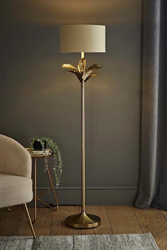 ValueLights ValueLights Christina Fabric with Metallic Gold Inner Drum Shade Gold Palm Leaf Floor Lamp in Beige Beige One Size Unisex 5059406065439