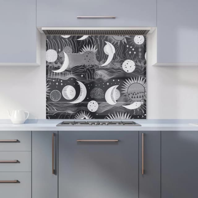 Warren Reed - Designer Abstract Black White Moon & Sun Kitchen Splashback in Grey Size: 600mm x 750mm Grey Unisex 600mm x 750mm