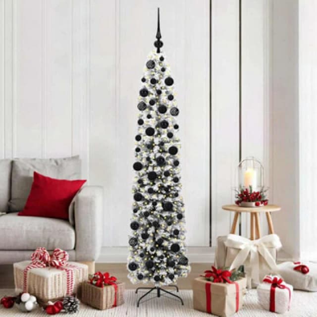 vidaXL Artificial Christmas Tree with 300 LEDs, Black Balls with Stand Snow Flocked Green 180 cm, Green 3395019