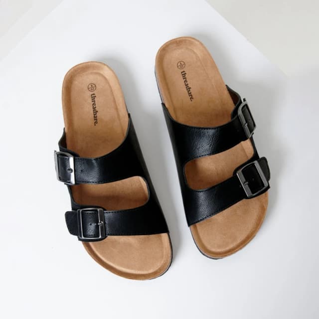 Threadbare Mens Slip-On Two Buckle Strap Flat Sandals Black male 8