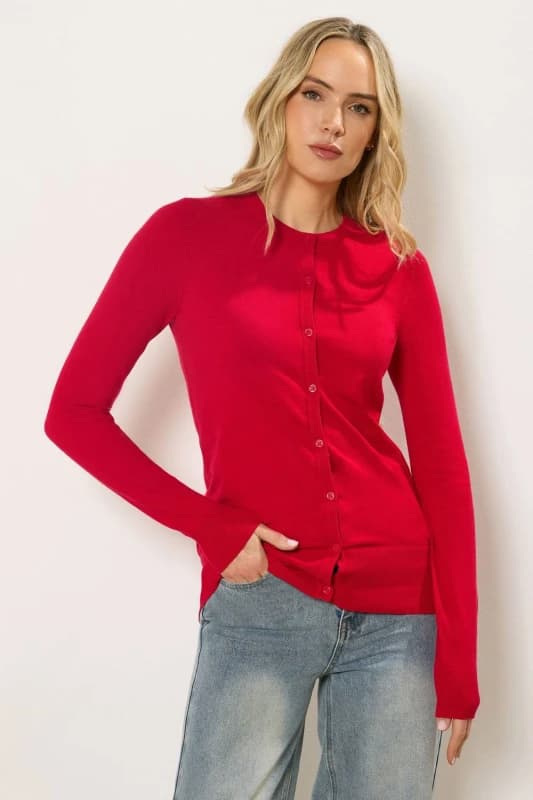 Long Tall Sally Womens Tall Crew Neck Button Cardigan in Red Size: 10-12 Red Female 10-12