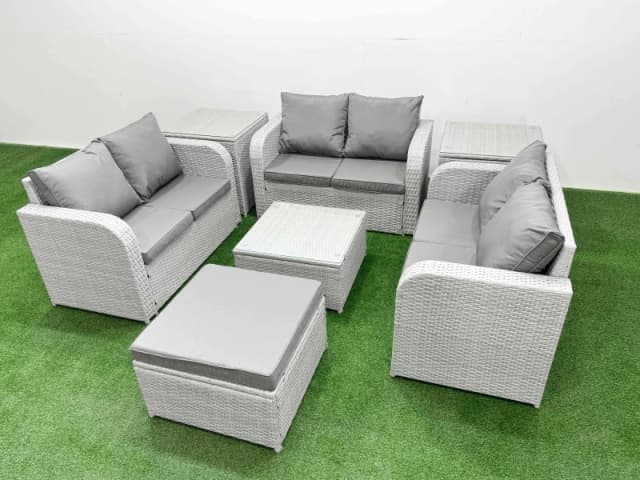 Fimous 7 Seater PE Wicker Rattan Furniture Sofa Sets with Square Coffee Table 2 Seater Love Sofa Big Footstool 2 Side Table Light Grey Light Grey