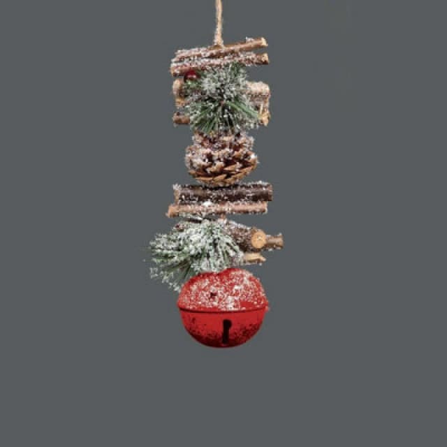 Shatchi Hanging Decoration with Jingle Bells Wooden Sticks, Berries and Pinecones Christmas Home Wall Door 33cm Red Red
