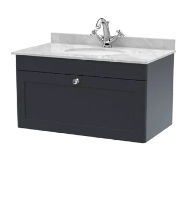 nuie 800mm Wall Hung 1 Drawer Vanity & Marble Top 1TH - Soft Black CLC1496GR1