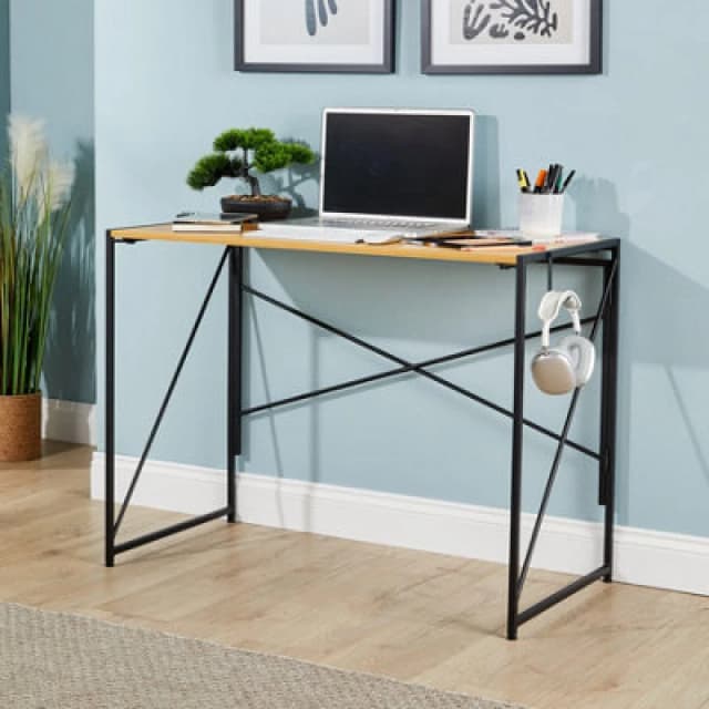 Home Source Brampton Folding Light Oak Compact Desk Storage Hook Wood And Metal Home Office Workstation