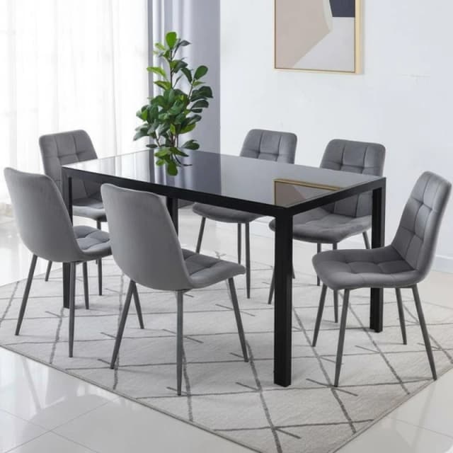 KOSY KOALA Black Glass Dining Table Set With 6 Grey Velvet Chairs Grey Unisex