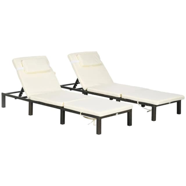 Outsunny 2 Pieces Rattan Sun Loungers w/ Padded Cushion for Poolside Cream White - Outsunny 5056725509088