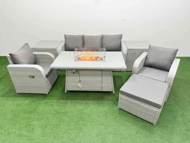 Fimous PE Rattan Garden Furniture Set Reclining Chair Sofa Lounge Sofa Set Firepit Dining Table 2 Side Table Big Footstool Light Grey Light Grey