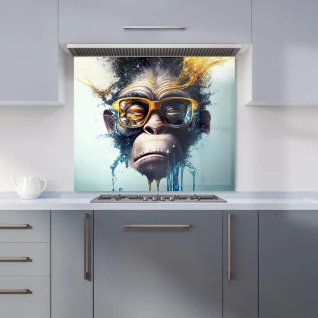 Warren Reed - Designer Monkey With Glasses Splashart Kitchen Splashback in Blue Size: 600mm x 750mm Blue Unisex 600mm x 750mm