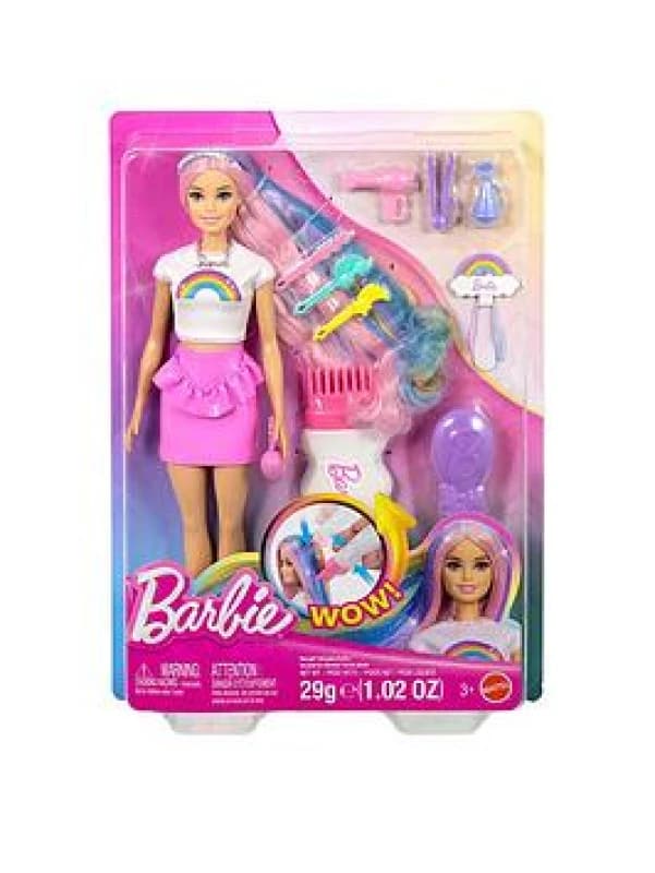 Barbie Rainbow Sparkle Hair Doll Extra-Long and Colorful Hair with 12 Styling Accessories like Glitter Tube Brush Clips Hair Dryer and More JJP07