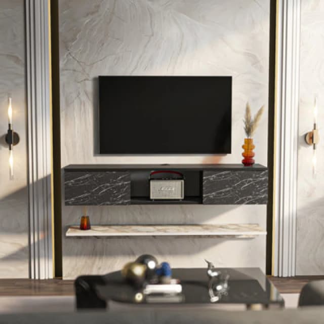 Decorotika Modern Elia TV Unit With Storage Black And White Marble Effect